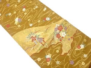 引箔花筏・扇に花々模様織出し袋帯